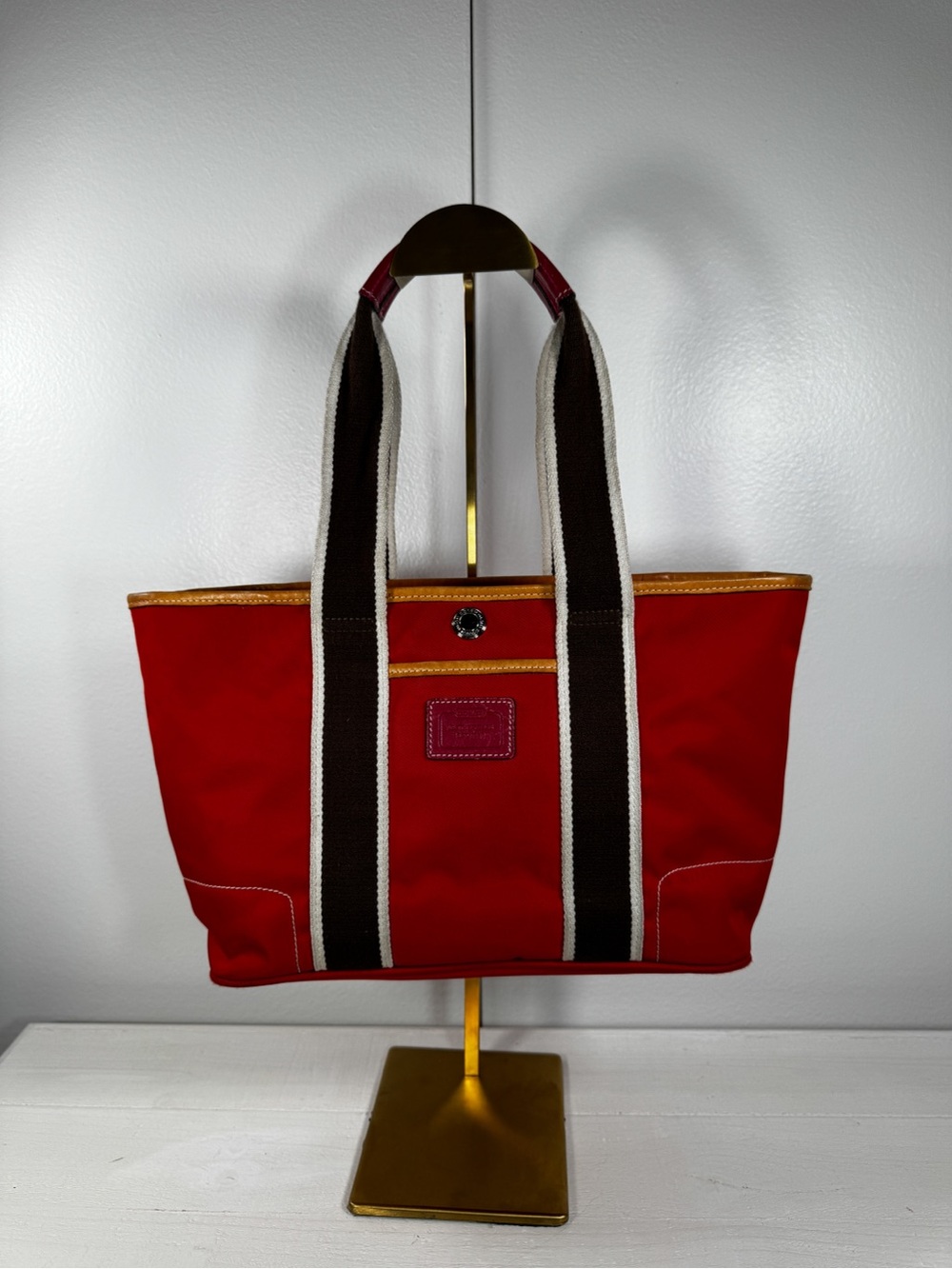 Coach M3K-6261 Red Nylon Tote Bag Leather Trim Signature Lining